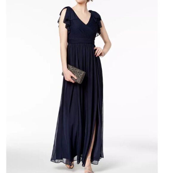 Adrianna Papell Shirred Tulle Gown Size 2 Flutter Sleeves Pleated Midnight - Picture 1 of 10